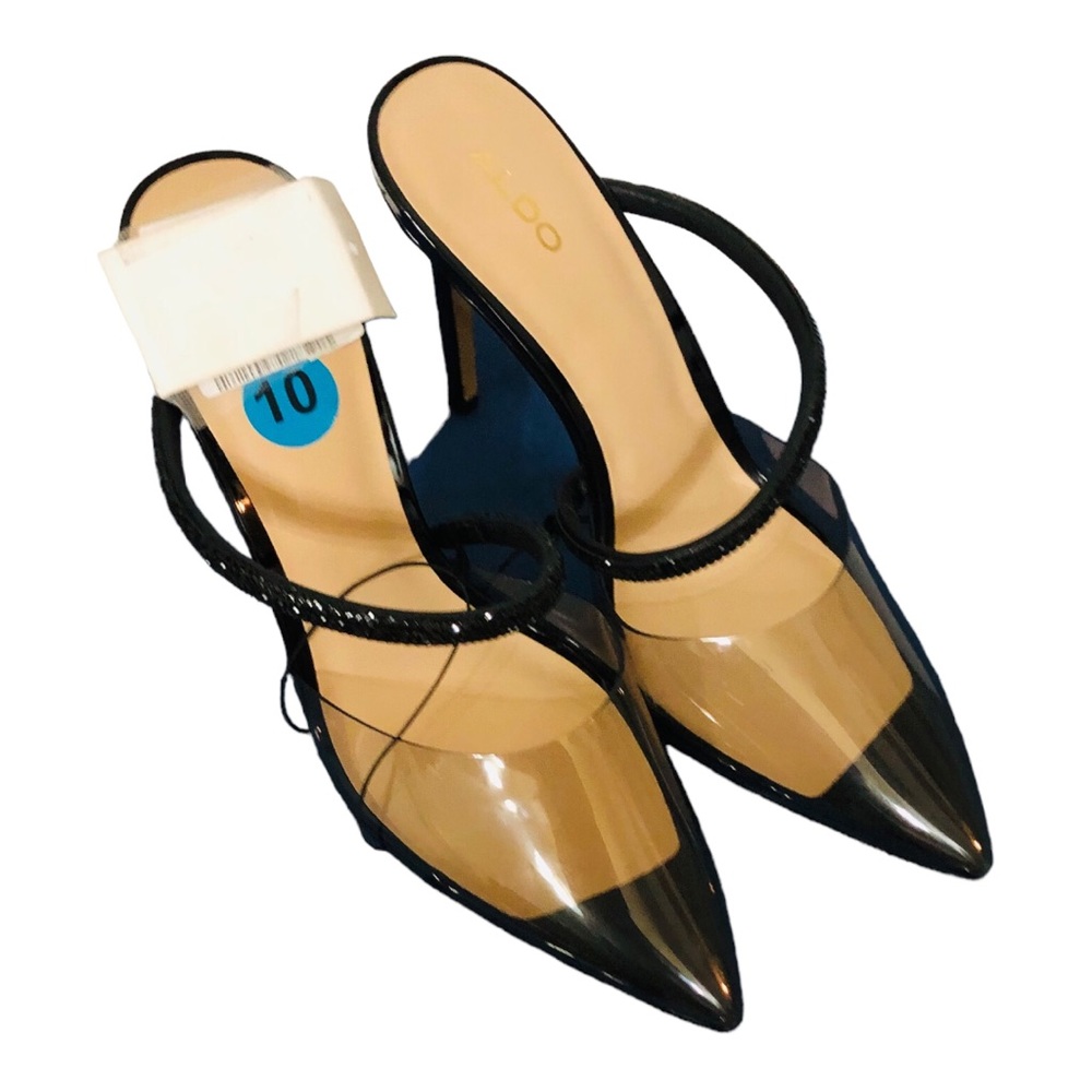 Aldo black clear vinyl acrylic crystal strap pointy toe stiletto mules size 10 - Picture 15 of 16